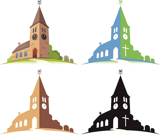 Four illustrations of a church in different colors Church illustration. Layered and grouped for ease of use. Download includes EPS8 and hi-res jpeg files. welsh culture stock illustrations