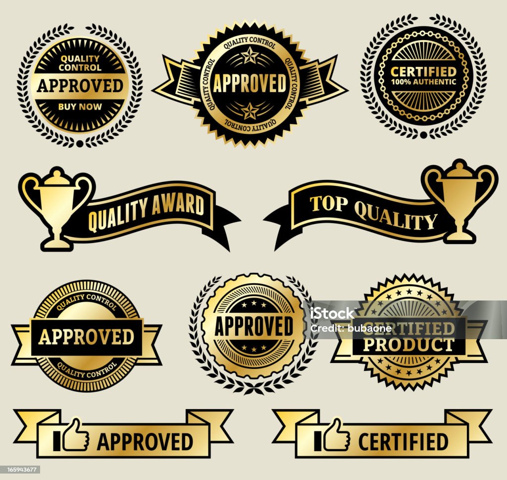 Con certificación y de calidad oro vector conjunto de icono de premio - arte vectorial de Anticuado libre de derechos