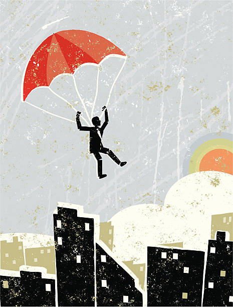 Freedom! A stylized vector cartoon of a  businessman on a parachute above a city scene, the style is  reminiscent of an old screen print poster, suggesting freedom, hope, let go, escape, flying high, loss of control or onwards and upwards. Kite, houses, countryside, paper texture and background are on different layers for easy editing. Please note: clipping paths have been used,  an eps version is included without the path.