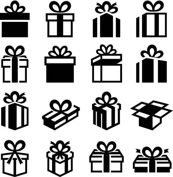 Vector illustration of Holiday gifts gift boxes black & white vector icon set