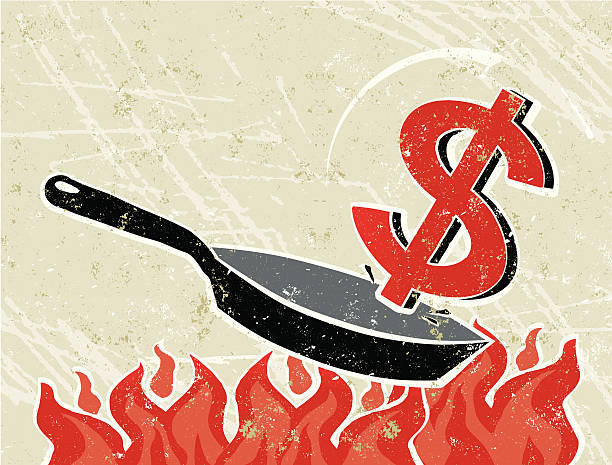 illustrations, cliparts, dessins animés et icônes de dollar sur une poêle à feu - cooking fail