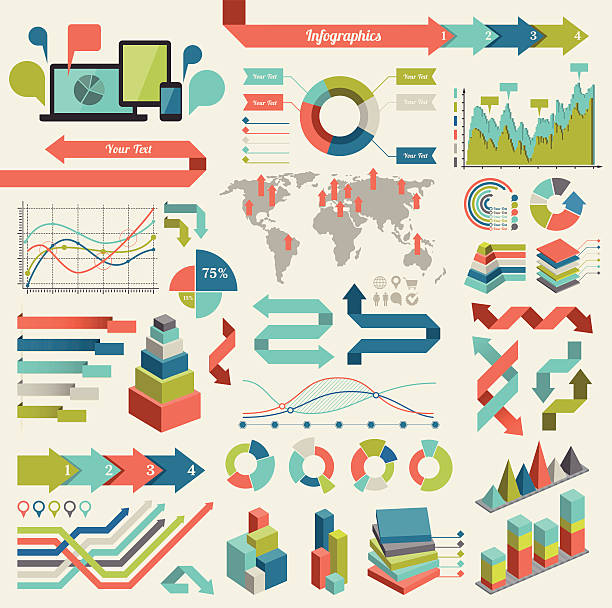 Illustration of several infographic concepts Reference file for map is: http://www.lib.utexas.edu/maps/world_maps/time_zones_ref_2008.pdf double arrow chart stock illustrations