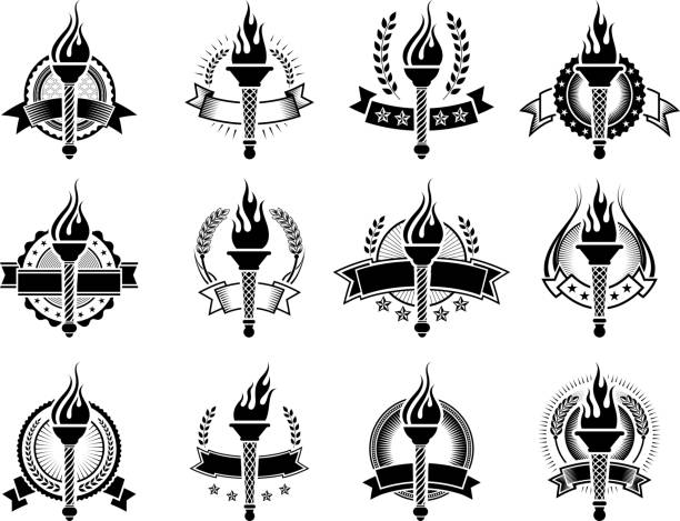 ilustraciones, imágenes clip art, dibujos animados e iconos de stock de credenciales con linternas blanco y negro sin royalties de vector conjunto de iconos - flaming torch fire flame sport torch