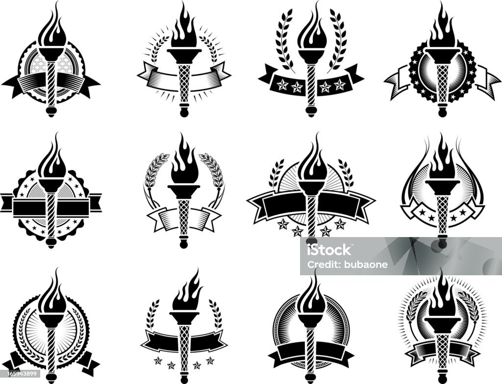 Emblemas com tochas preto e branco royalty-free vector conjunto de ícones - Royalty-free Chama arte vetorial