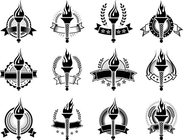 ilustrações de stock, clip art, desenhos animados e ícones de emblemas com tochas preto e branco royalty-free vector conjunto de ícones - flaming torch fire flame sport torch