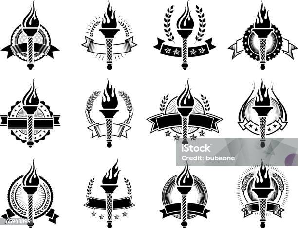 Emblemas Com Tochas Preto E Branco Royaltyfree Vector Conjunto De Ícones - Arte vetorial de stock e mais imagens de Chama