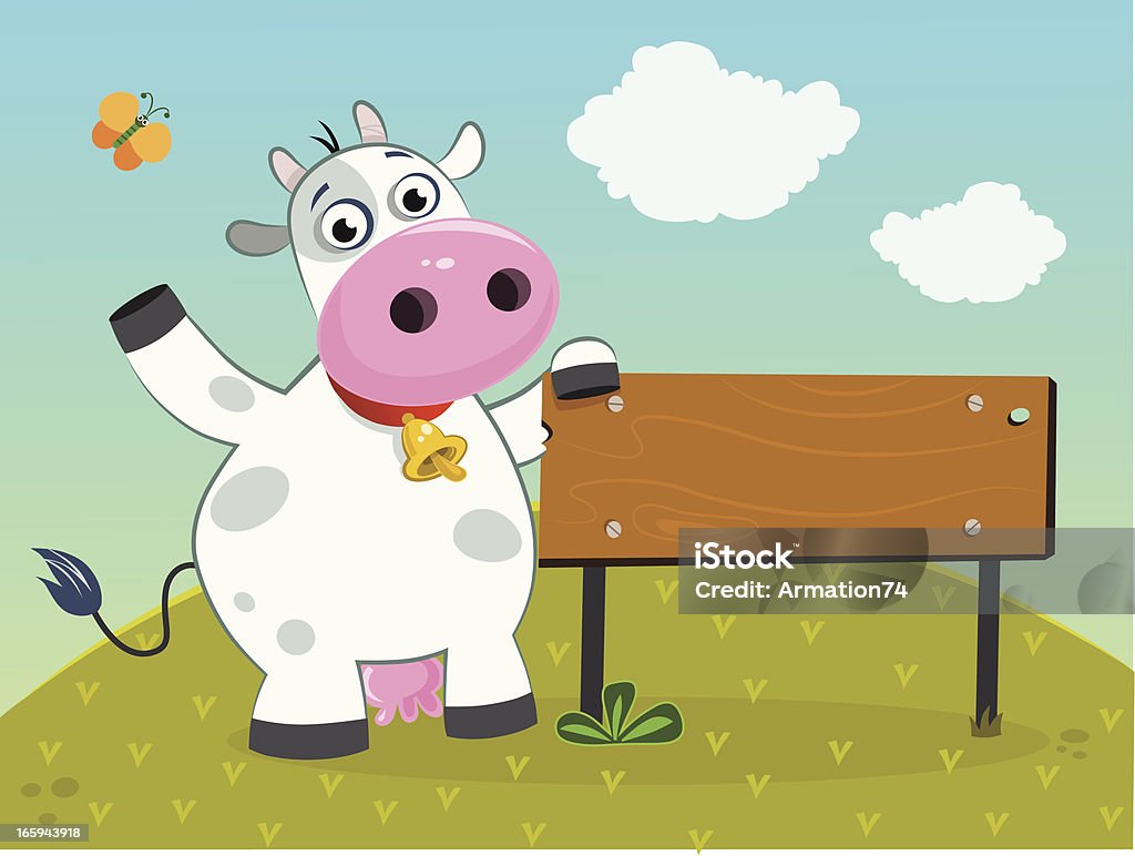 Cow with blank sign A cute cow standing by a wooden blank sign. Agricultural Field stock vector