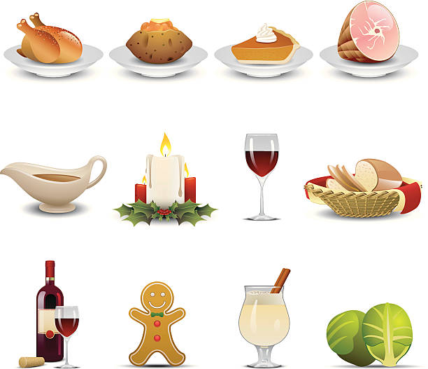illustrazioni stock, clip art, cartoni animati e icone di tendenza di cena in vacanza icone - christmas dinner food turkey