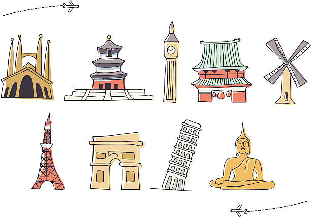 ręcznie rysowane ważne miejsce w świadomości międzynarodowej zestaw ikon 2 - big ben london england international landmark traditional culture stock illustrations