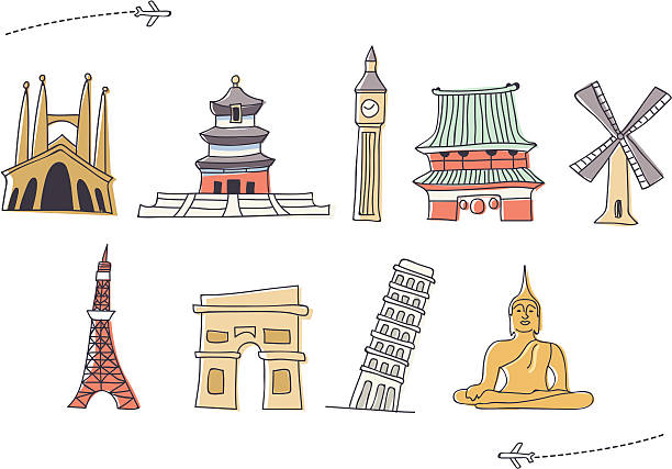 ilustrações, clipart, desenhos animados e ícones de mão desenhada conjunto de ícones (2) internacional marco - travel locations europe china beijing