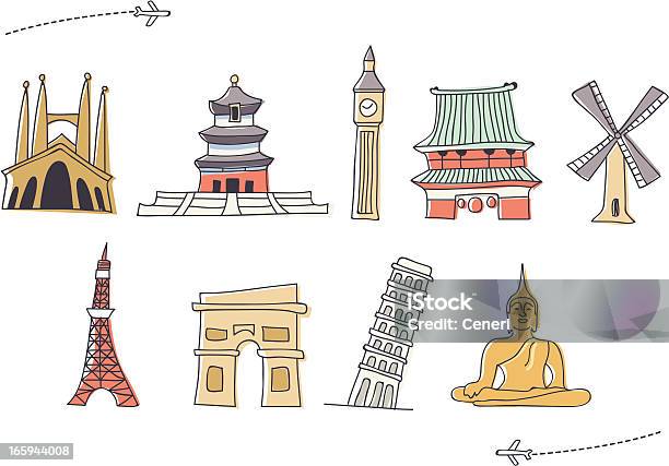Hand Drawn International Landmark Icon Set Stock Illustration - Download Image Now - Famous Place, Child's Drawing, Traditional Windmill