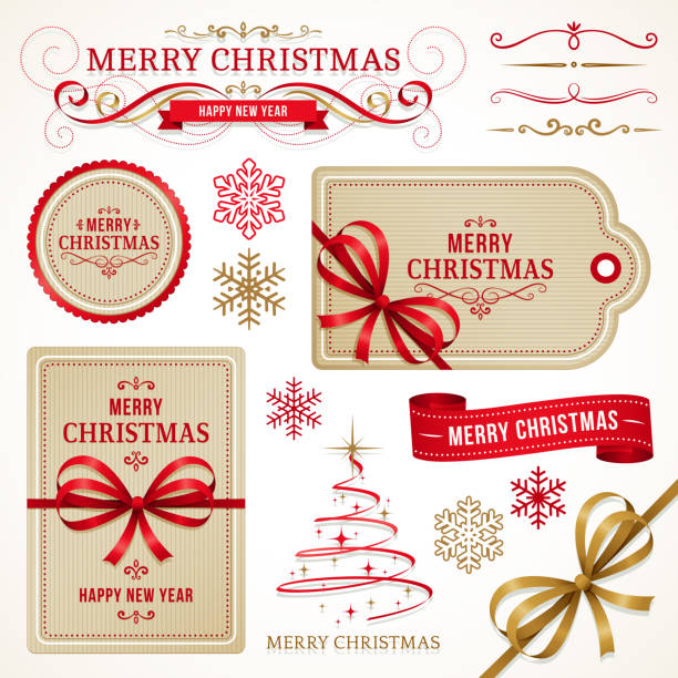 weihnachts-etiketten und elementen - bow christmas gift holiday stock-grafiken, -clipart, -cartoons und -symbole