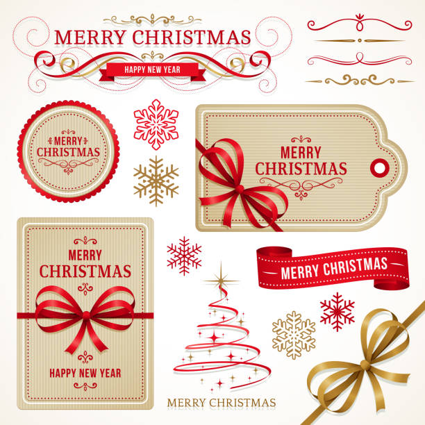 Christmas Labels and Elements Christmas labels and elements. EPS 10 file contains transparencies. Grouped and layered with global colors. Please take a look at other work of mine linked below. gift borders stock illustrations