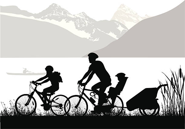 mountainvacation - focus on shadow women bicycle outdoors stock-grafiken, -clipart, -cartoons und -symbole