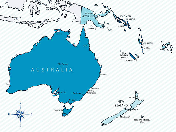 Oceania map blue with countries and cities NOTE FOR INSPECTOR: I have deactivated file no. 15306765 and uploaded this improved version.  new zealand australia cartography western australia stock illustrations