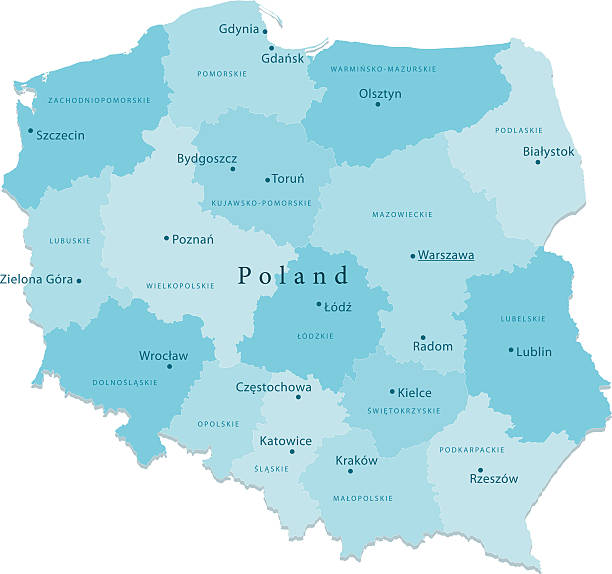 ilustraciones, imágenes clip art, dibujos animados e iconos de stock de polonia vector de mapa de las regiones aisladas - polonia