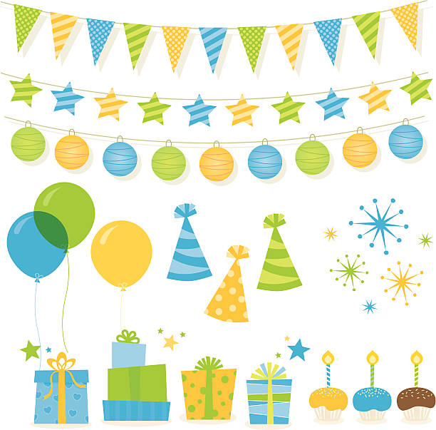 Birthday Elements - Green &amp; Blue vector art illustration