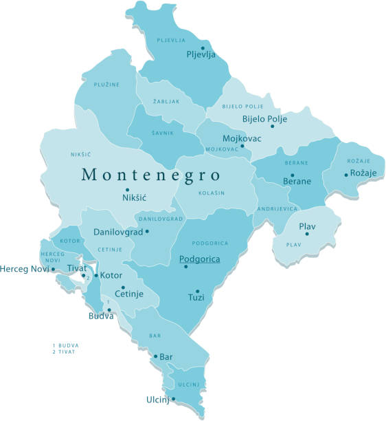 Montenegro Vector Map Regions Isolated "Detailed vector map of Montenegro with administrative divisions. File was created on November 16, 2012. The colors in the .eps-file are ready for print (CMYK). Included files: EPS (v8) and Hi-Res JPG (5227aa aaa 5600 px)." montenegro stock illustrations