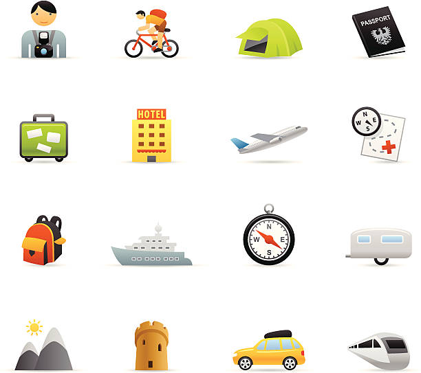 Color Icons - Tourism 16 color icons representing different tourism related icons. cruise ship cruise passport map stock illustrations