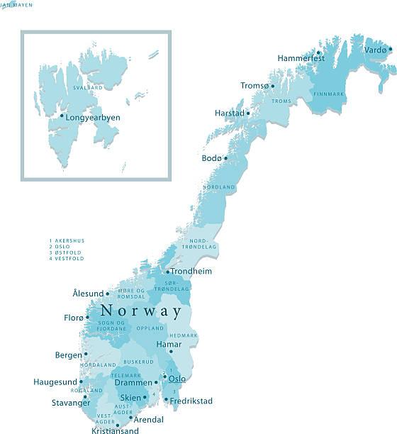 ilustrações, clipart, desenhos animados e ícones de noruega vetor mapa regiões isoladas - map of norway