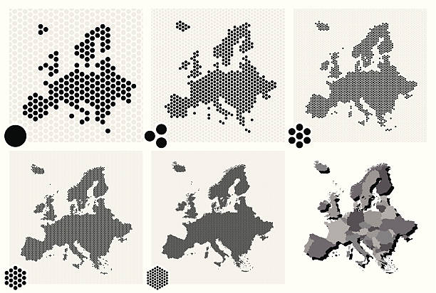Various types of dotted maps of Europe resolutions Set of 5 dotted maps of Europe in 5 different resolutions: from very low to ultra high, and two outline maps: with and without division by countries. map of europe stock illustrations