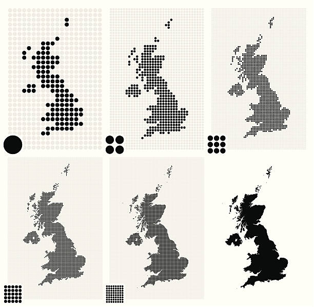 gepunktete karten des vereinigten königreichs in unterschiedlichen auflösungen - großbritannien stock-grafiken, -clipart, -cartoons und -symbole