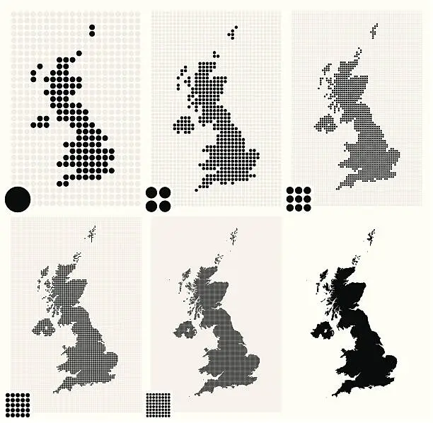 Vector illustration of Six dotted maps of United Kingdom in different resolutions