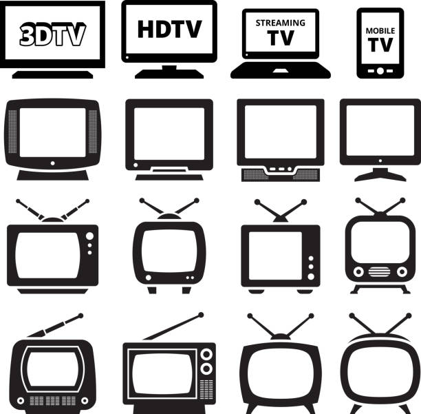illustrazioni stock, clip art, cartoni animati e icone di tendenza di tv bianco e nero set icone vettoriali royalty-free - televisore illustrazioni