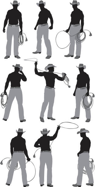 mehrere bilder von einer cowboy mit lasso - cowboy hat wild west single object white background stock-grafiken, -clipart, -cartoons und -symbole