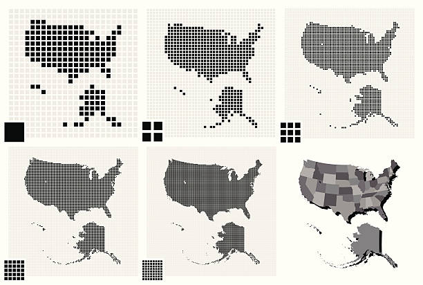 Different resolutions of United States dotted maps Set of 5 dotted maps of the United States in 5 different resolutions: from very low to ultra high, and two outline maps: with and without division by states. alaska us state illustrations stock illustrations