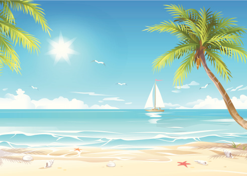 Illustration of a tropical white sand beach with palm trees. EPS 10 (image contains transparencies) and labeled in layers.