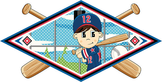 Cute Baseball Boy Scene Diamond Graphic Vector illustration of a cute 'Youth League' Baseball boy in diamond shaped graphic. baseball hitter stock illustrations