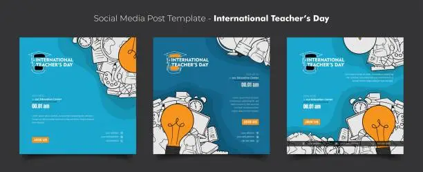 Vector illustration of Social media post template with learning tools in doodle art design for international teacher's day