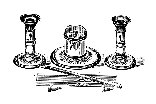 Antique image from British magazine: Writing set with Ink cadlesticks