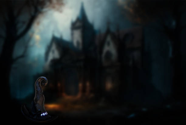Witch hat and a gloomy castle in the background. Halloween.