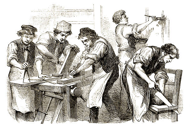 ilustraciones, imágenes clip art, dibujos animados e iconos de stock de victorian carpenters en el trabajo - working illustration and painting engraving occupation