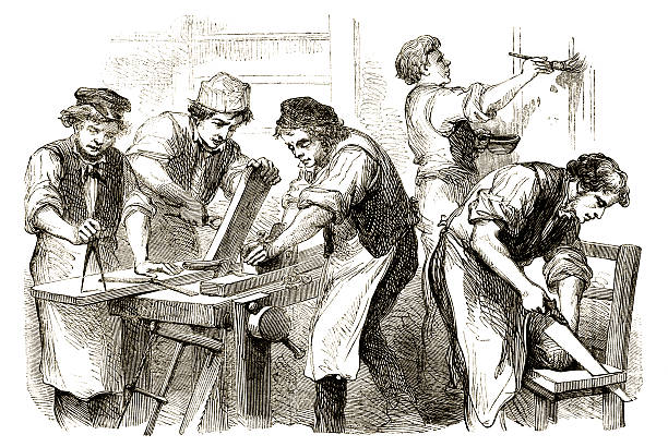 викторианский плотники на работе - working illustration and painting engraving occupation stock illustrations