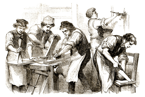 A group of Victorian carpenters at work. From 'The British Workman', a newspaper aimed at 'The British Workman and Friend of the Sons of Toil' with the aim of promoting 'the health, wealth and happiness of the working classes'. It was published from 1855-1892 by Messrs. Partridge & Co, A.W. Bennett and W. Tweedie, of London.