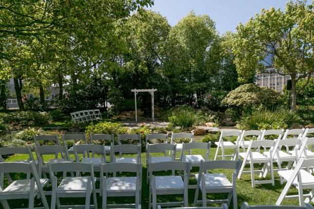 istock empty chairs sitting on grass near bushes and trees at a wedding 1659504760