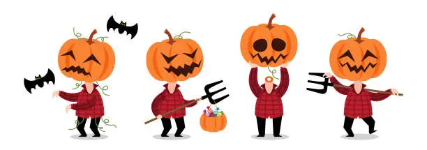 Vector illustration of Set of cute Scarecrow . Halloween cartoon characters . Vector.