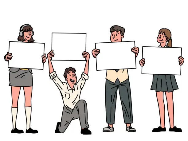 Vector illustration of Boys and girls holding blank placards. Business people vector clipart.