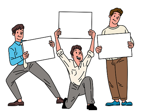 Boys and girls holding blank placards. Business people vector clipart.