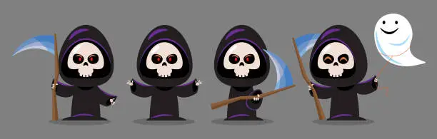 Vector illustration of Set of cute Grim reaper . Halloween cartoon characters . Vector.