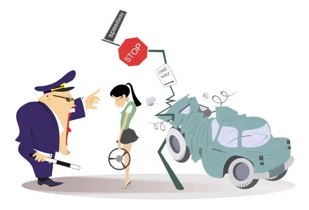 Vector illustration of Traffic accident. Traffic police. Car driver woman