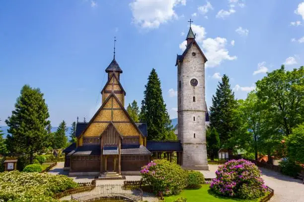 Old Norwegian temple and belfry transferred to Karpacz in polish mountains