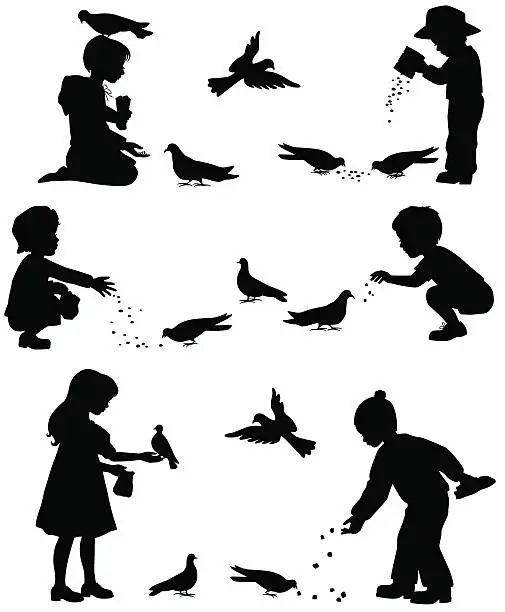 Vector illustration of Children Feeding Birds