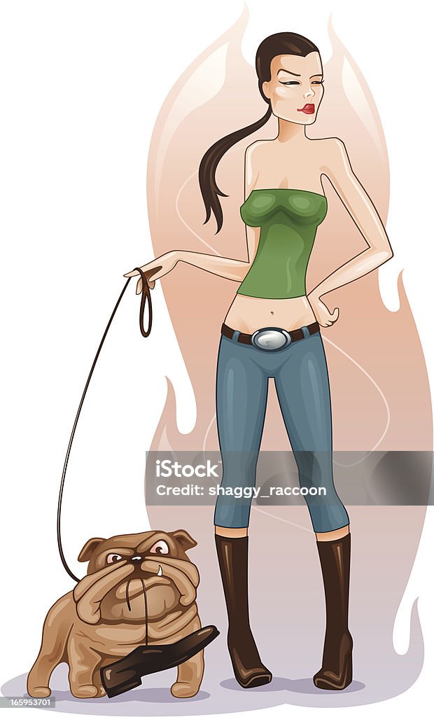 Security Sexy girl with a bulldog, having a man's shoe in its mouth, on a string. ZIP includes: AI, PDF, 300dpi jpeg. Adult stock vector