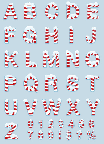 Vector illustration of a candy cane themed alphabet set with red and white stripes. Alphabet includes uppercase or captial letters, numbers, exclaimation mark, dollar sign, question mark and percentage sign. Snow and ice on top surfaces of letters. Download includes Illustrator 8 eps, high resolution jpg and png file.