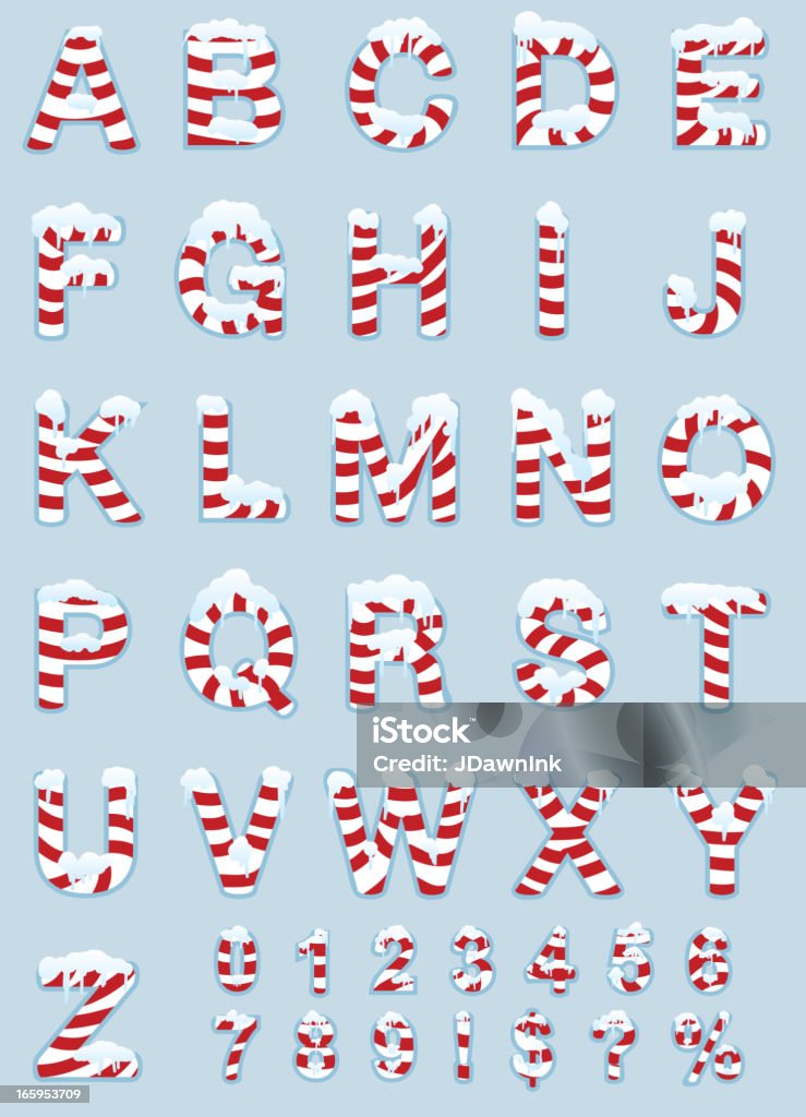 Candy cane winter alphabet set Vector illustration of a candy cane themed alphabet set with red and white stripes. Alphabet includes uppercase or captial letters, numbers, exclaimation mark, dollar sign, question mark and percentage sign. Snow and ice on top surfaces of letters. Download includes Illustrator 8 eps, high resolution jpg and png file. Snow stock vector