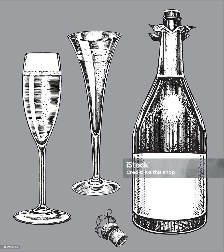Champagne Bottle and Fluted Glasses Champagne Bottle and Champagne Glass. Pen and ink style illustrations of Champagne Bottle and Fluted Glasses. Grouped for easy edits. Check out my "Vector Food and Utensils" light box for more. Champagne stock vector